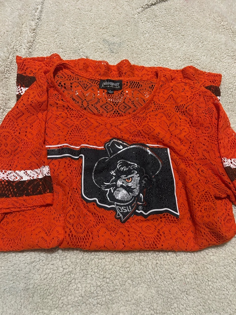 Gameday couture Orange Lace Short Sleeve Tee with OSU Mascot